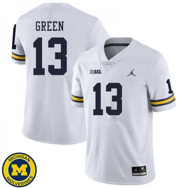 Mens Michigan Wolverines #13 German Green White College Game Jersey